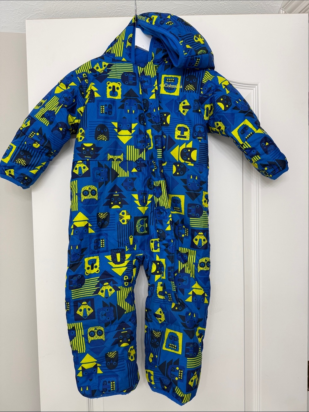 Columbia Blue and Neon Green Patterned Kids One-Piece Snowsuit